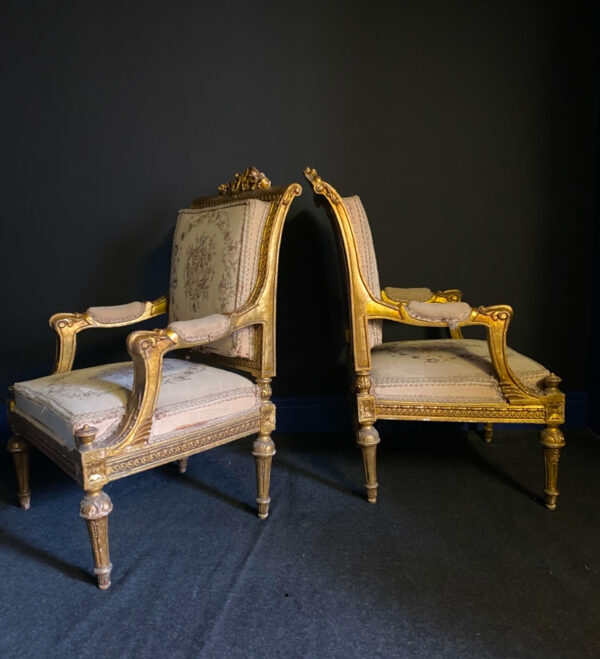 Antique Pair of Louis XVI style Giltwood Armchairs Late 19 Century - Image 2