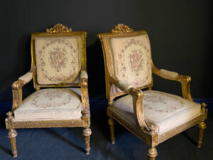 Antique Pair of Louis XVI style Giltwood Armchairs Late 19 Century