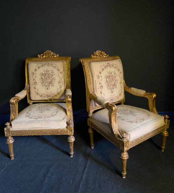 Antique Pair of Louis XVI style Giltwood Armchairs Late 19 Century