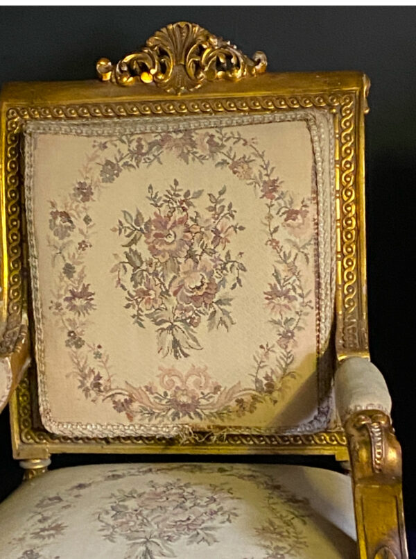 Antique Pair of Louis XVI style Giltwood Armchairs Late 19 Century - Image 6